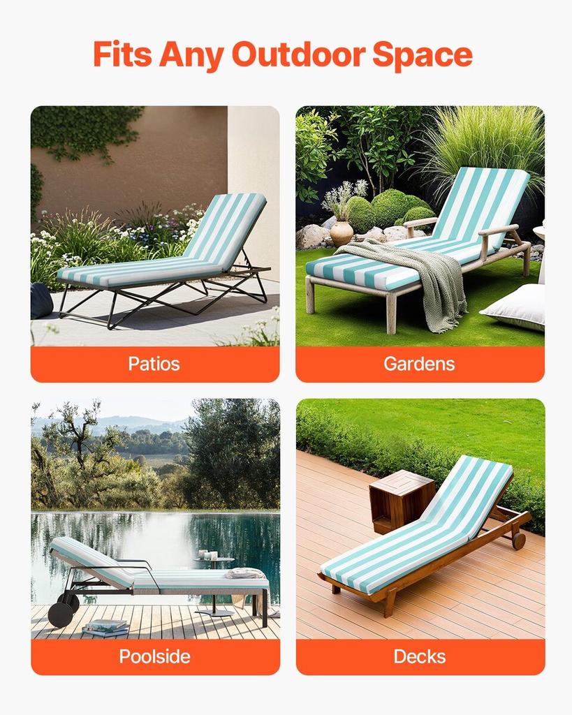 Chaise Lounge Cushion, 203x66x9.8 Cm, Set of 2 Outdoor Lounge Chair Cushions, Waterproof & Fade-Resistant Sun Lounger Cushions with Ties, Patio