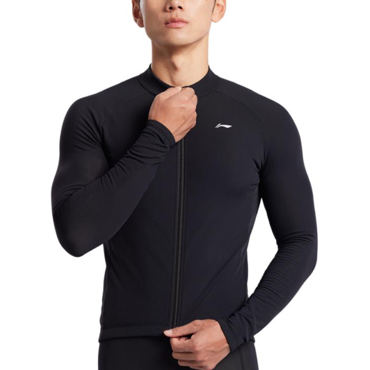 Li-Ning Comfortable Casual Simple Zipper Warm Slim Fit Long Sleeve Cycling Jersey Men jersey Black LCUY095-1