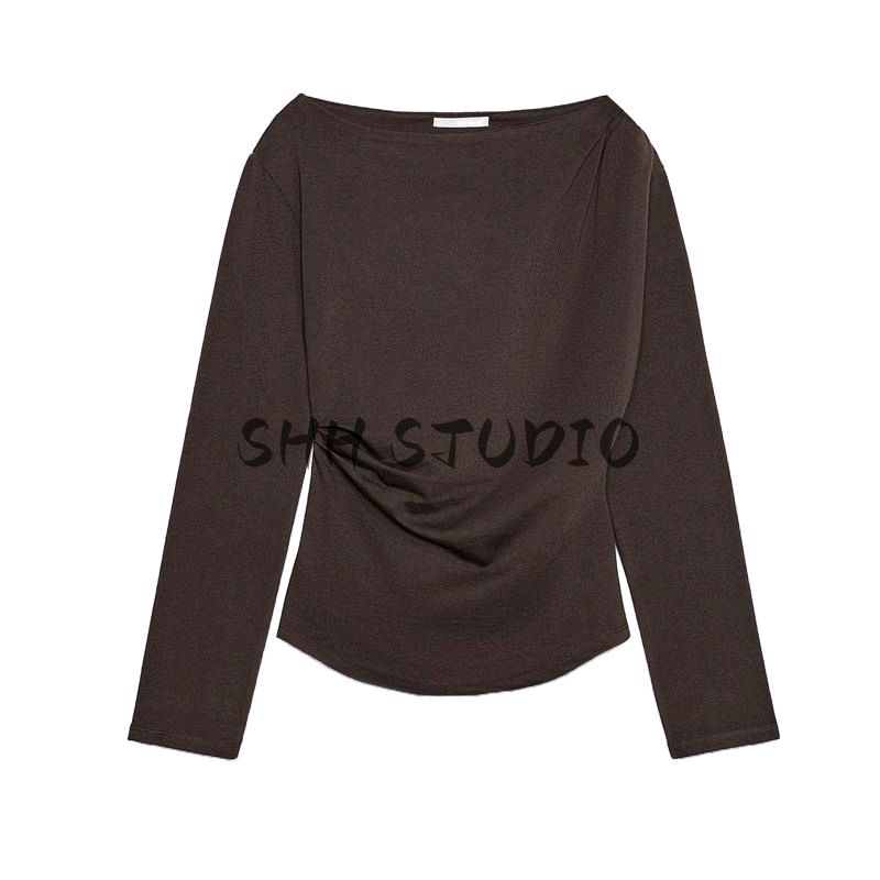 Spring New Women Clothes Gyaru Wind Boat Collar Side Pleat Decorative Long Sleeves Shirt Bottoming Shirt 1198160
