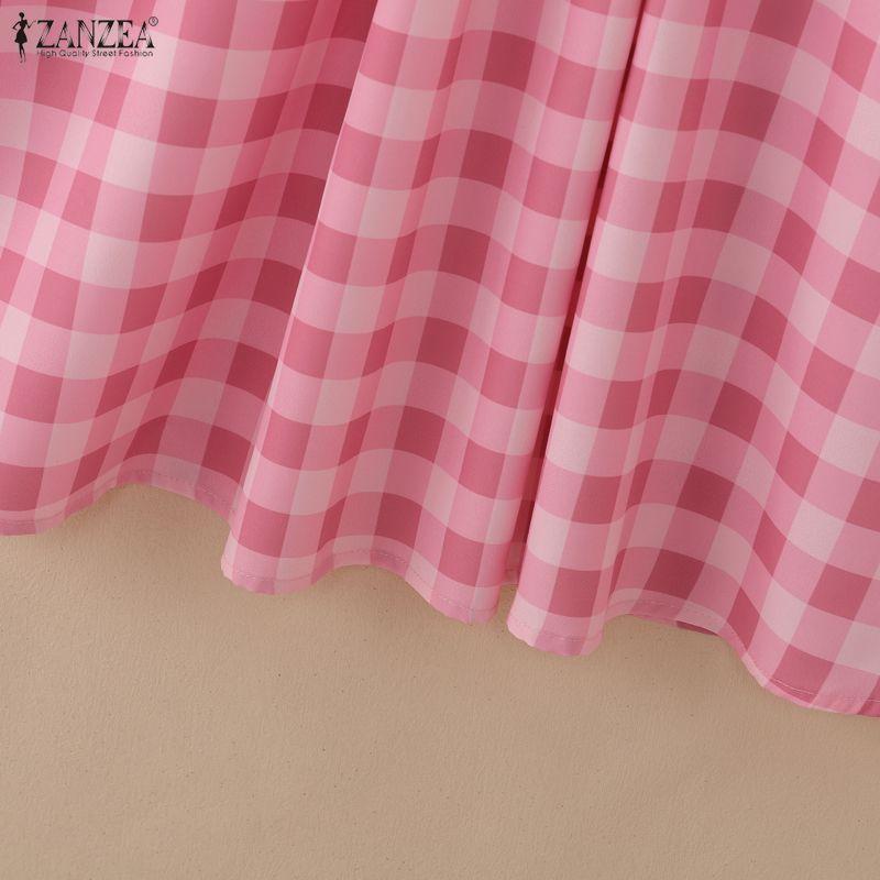 ZANZEA Women Casual Stand Collar 3/4 Sleeve Grid Print A-line Dress