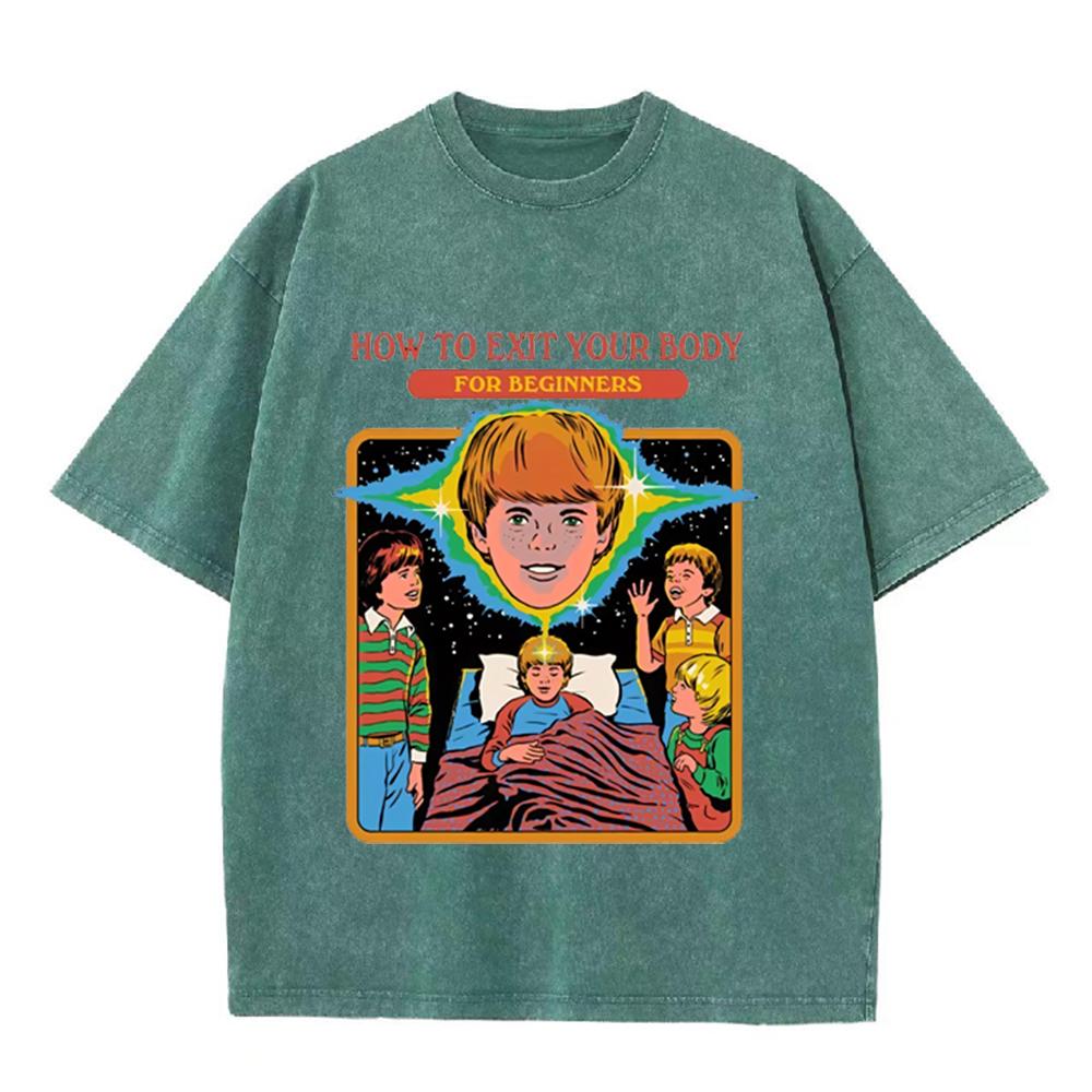 2026 Vintage Gewaschen Beige Wie Man Seinen Körper Verlässt Retro Psychedelisch Cartoon Grafik T-Shirt Surreal Kinder Print Übergroß Streetwear