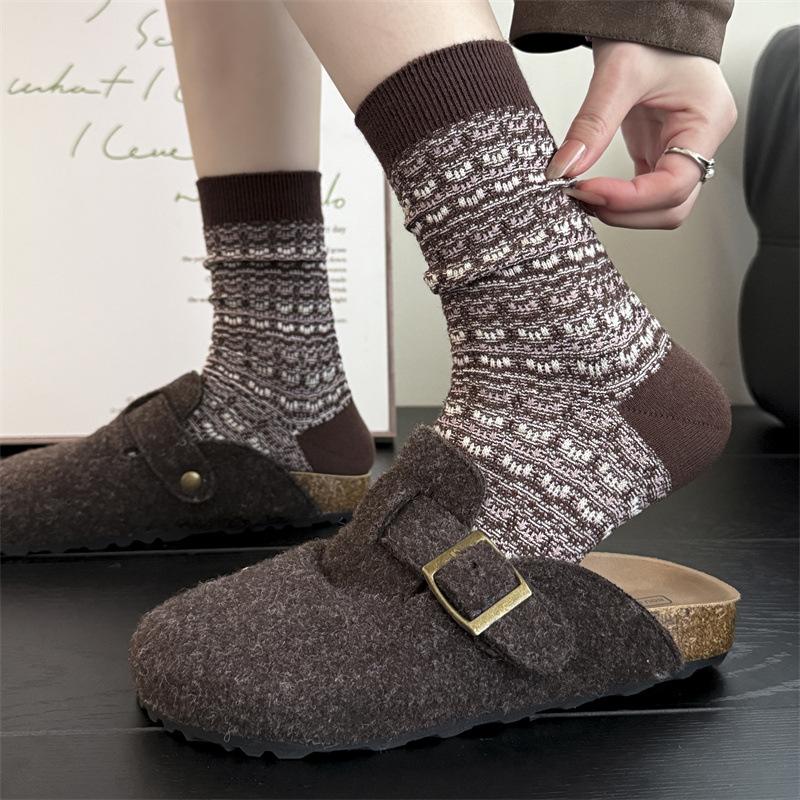 Pure Cotton Socks for Women, Thick and Warm Mid-calf Socks for Autumn and Winter, Double-needle and Double-loop Piled-up Long Socks
