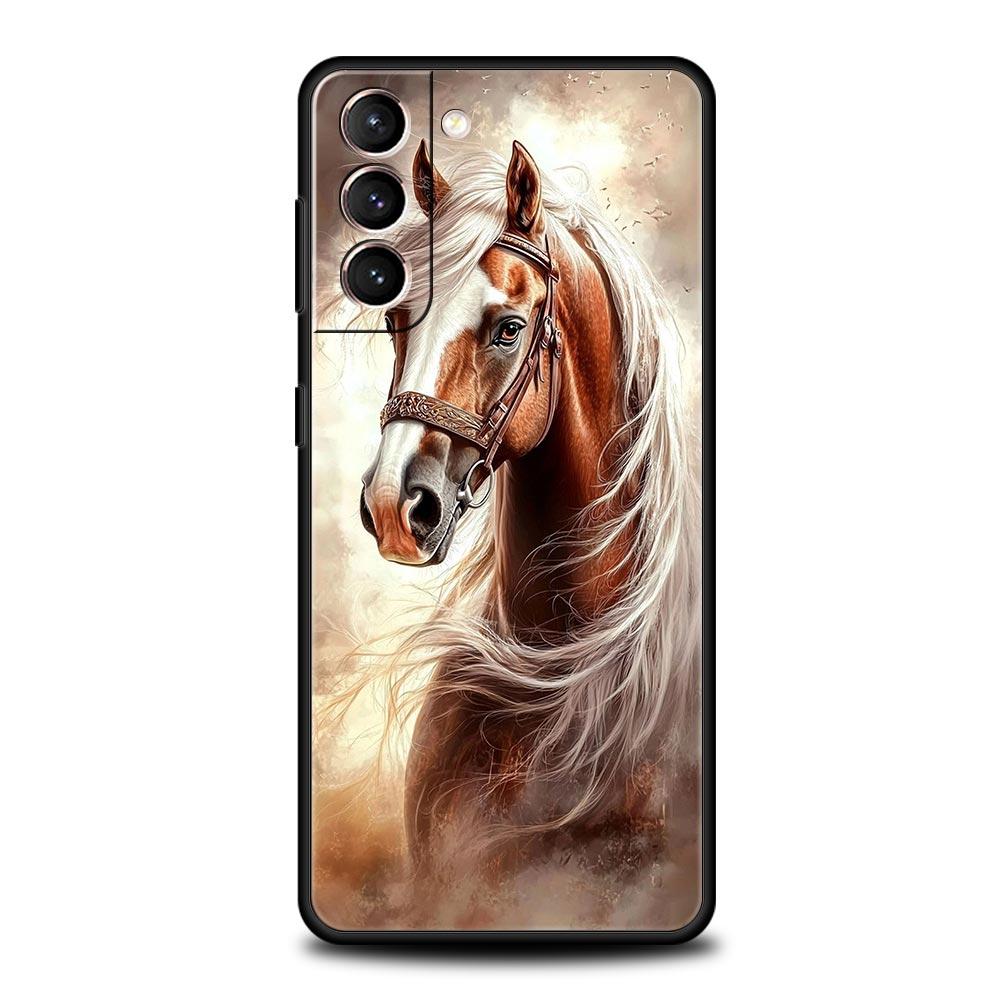 Black White Horses Galloping Phone Case For Samsung Galaxy S26 Ultra S25 Plus S24 FE S23 S22 5G S21 S20 Cover Black Soft