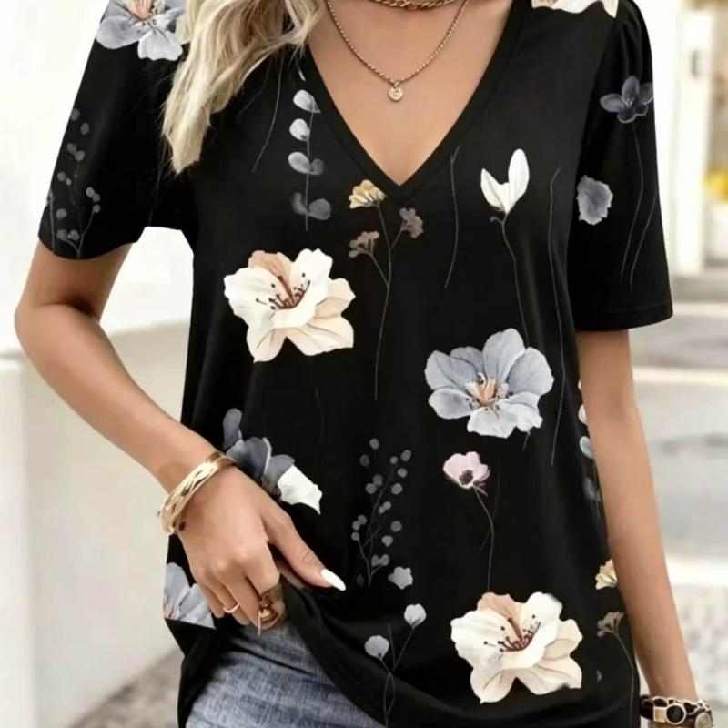 Summer Ladies 3D Printed V-Neck T-Shirt Fashion Versatile Breathable Trend Casual