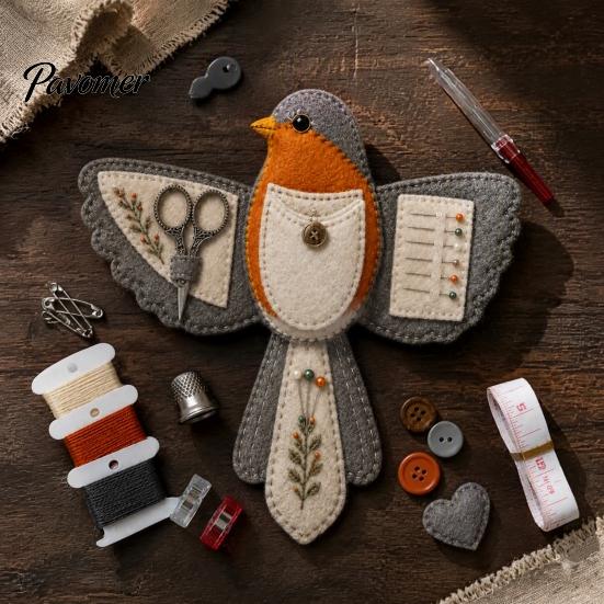 Kit de Costura Organizador de Pássaro de Feltro DIY, Bolsa Artesanal Decorativa Portátil, Bolsa de Armazenamento Prática com Fenda para Tesoura e Almofada para Agulhas, Bordado