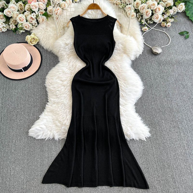 

Summer New Arrival Temperament Crew Neck Sleeveless Stretch Waist and Hip Knitting Dress No Slit Sleeve Fishtail Midi Dress Black All yards