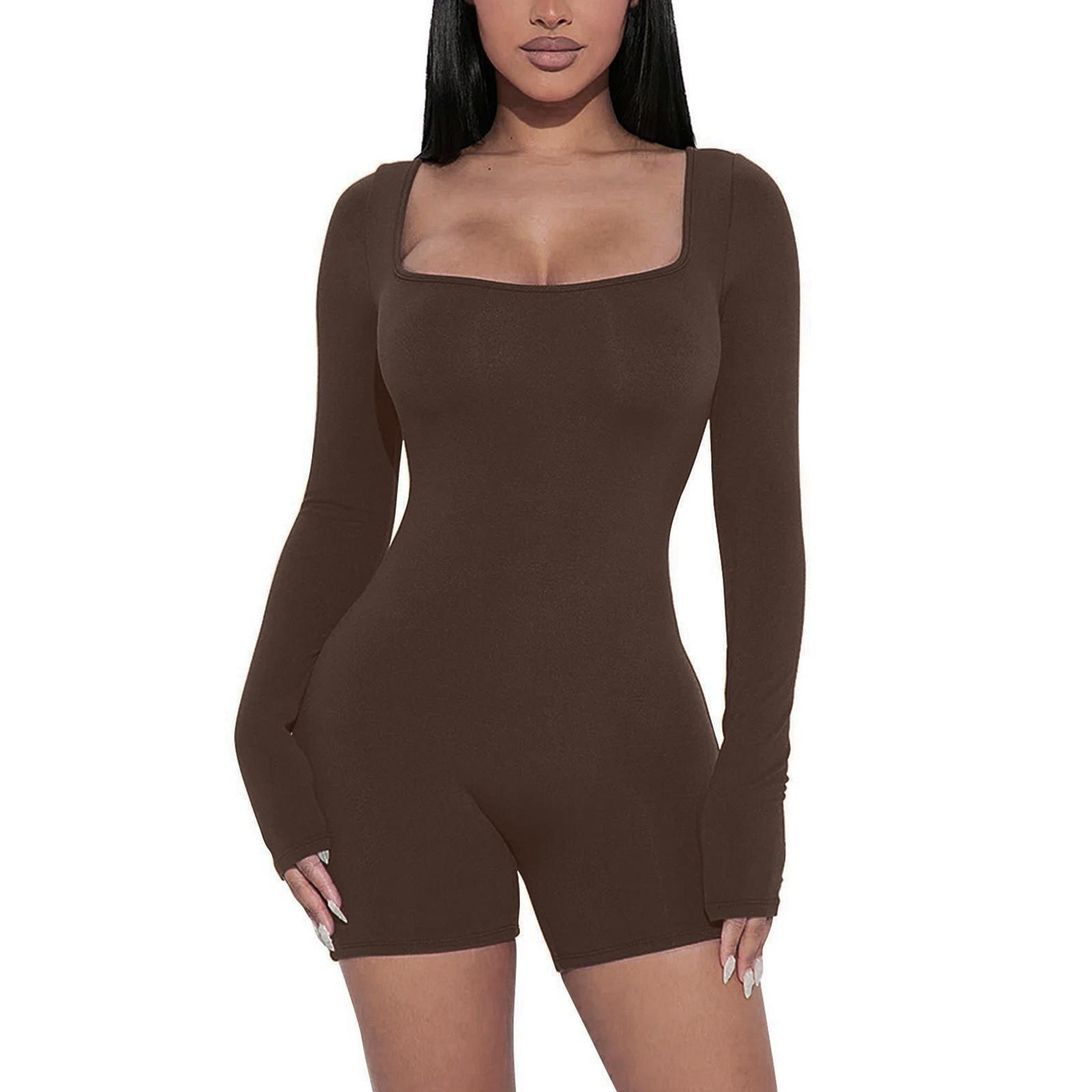 

Women s Jumpsuit Color Sexy Tight Fitting Elastic Sports Long Sleeved Jumpsuit Shorts M кофейный