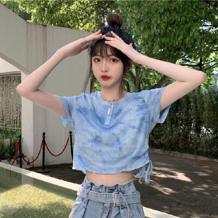 Design-sensory Letter Tie-dye Drawstring Short-sleeved T-shirt for Women's New Loose Short High-waist Top