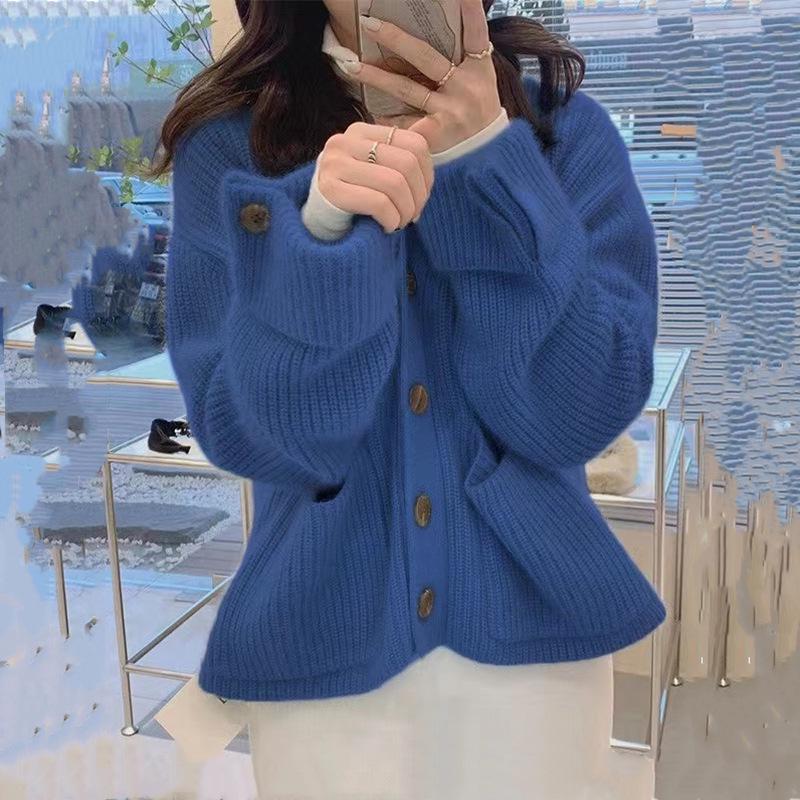 Women's Korean V-neck Knit Cardigan - Single-breasted, Loose Fit, Versatile Autumn/Winter Style