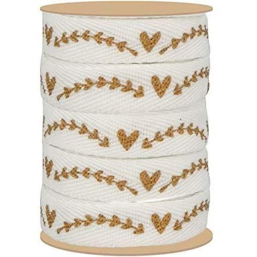 White and Gold Ribbon with Plant Heart 1 Cm X 5 M