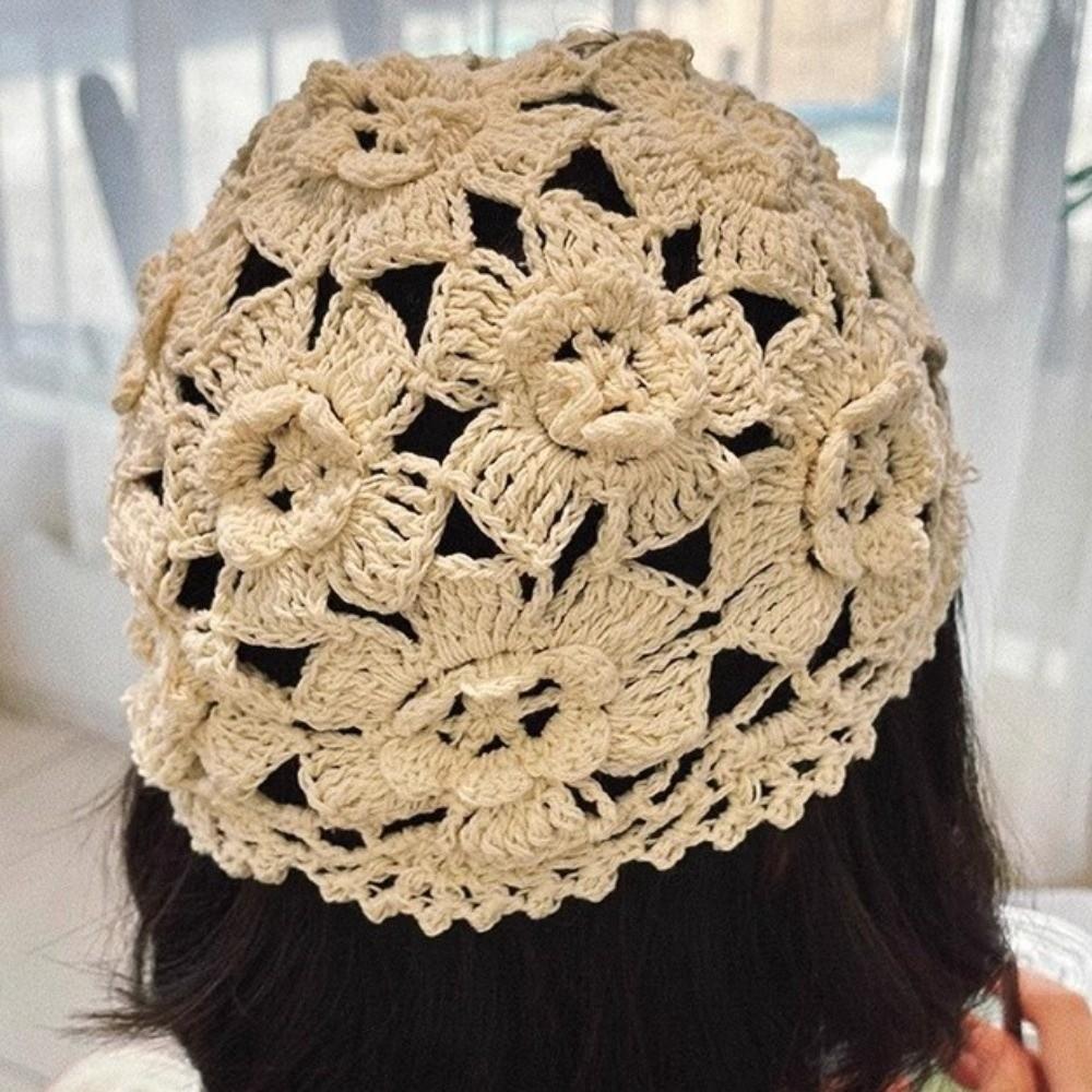 Handmade Crochet Flower Knitted Hat Bohemian Style Woven Cap Cute Hollowed Out Beanie Cap Outdoor