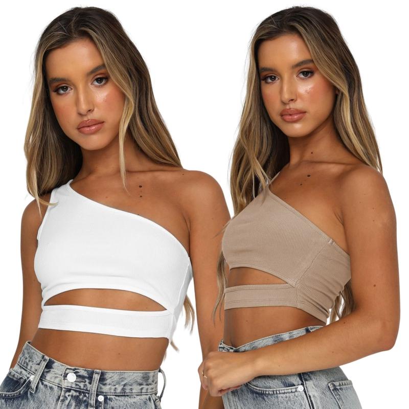 Women's Fashion Threaded Slim Tank Top Sexy One Shoulder Ultra-short Crop Top Hot Girls' Summer Soft Versatile Vest