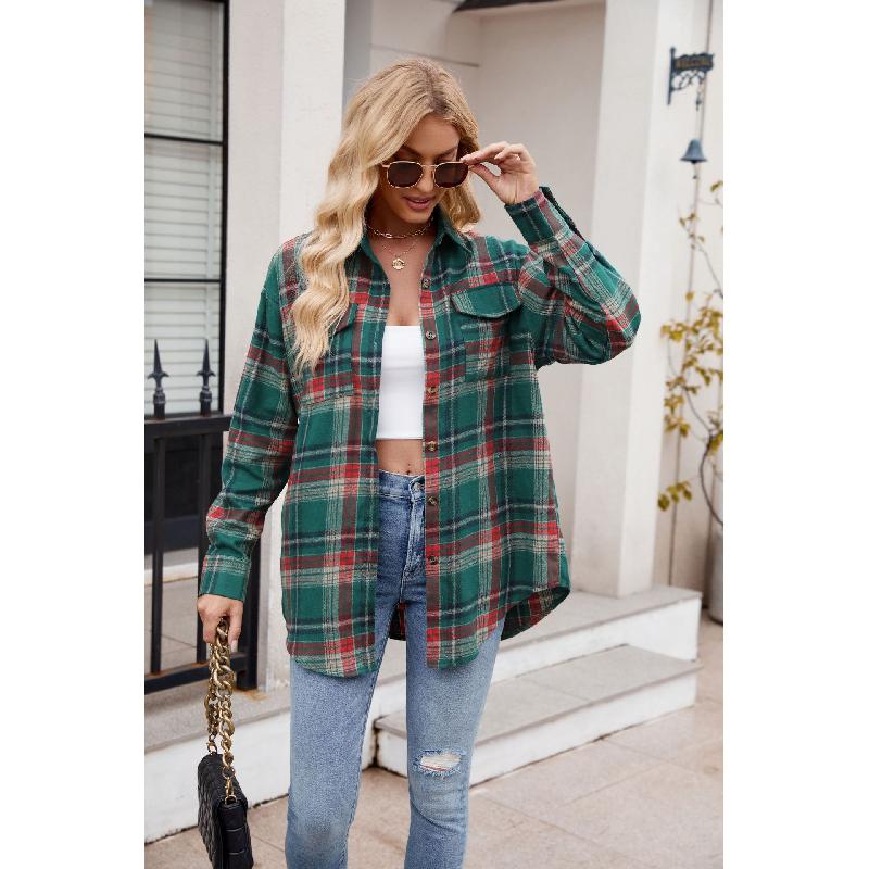 Spring and Autumn Women's New Casual Fashion Loose Plaid Pocket Shirt Jacket