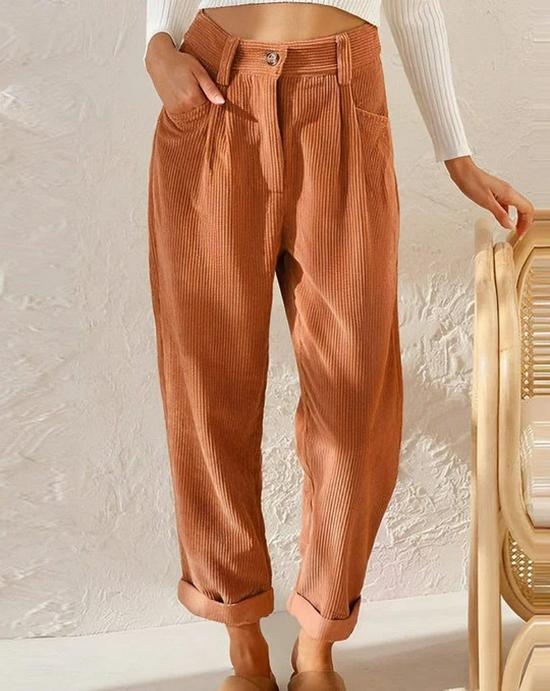 2024 Women's High-Waist Corduroy Autumn Pants - Solid Color, Loose Straight Leg