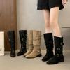 5CM Thick Heel Retro Western Cowboy Boots Women's Autumn and Winter Square Head Knight Boots Belt Buckle Boots Slim Boots