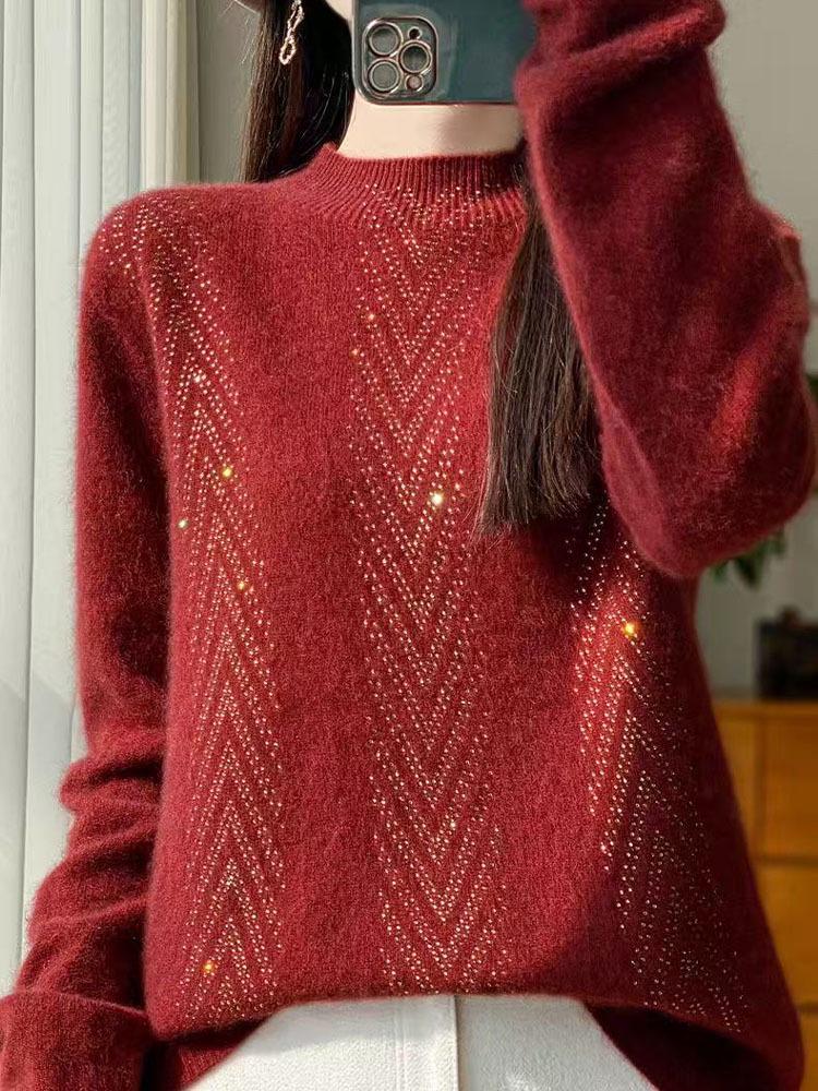 Women's Solid Color Wool Sweater: New Half-High Collar Knit Pullover with Hot Drill Detail for Autumn/Winter