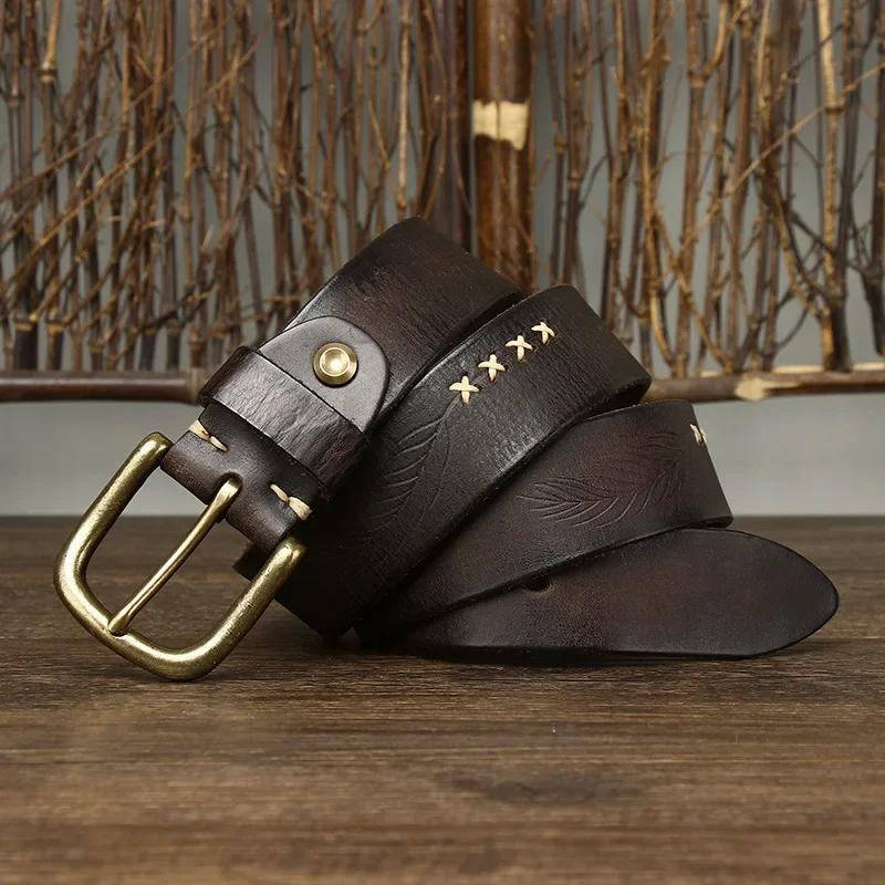 3.8 CM Pure Cowhide Genuine Leather for Men's High Quality Jeans Brass Buckle Belts Cowboy Waistband Male Designer Luxury Cintos