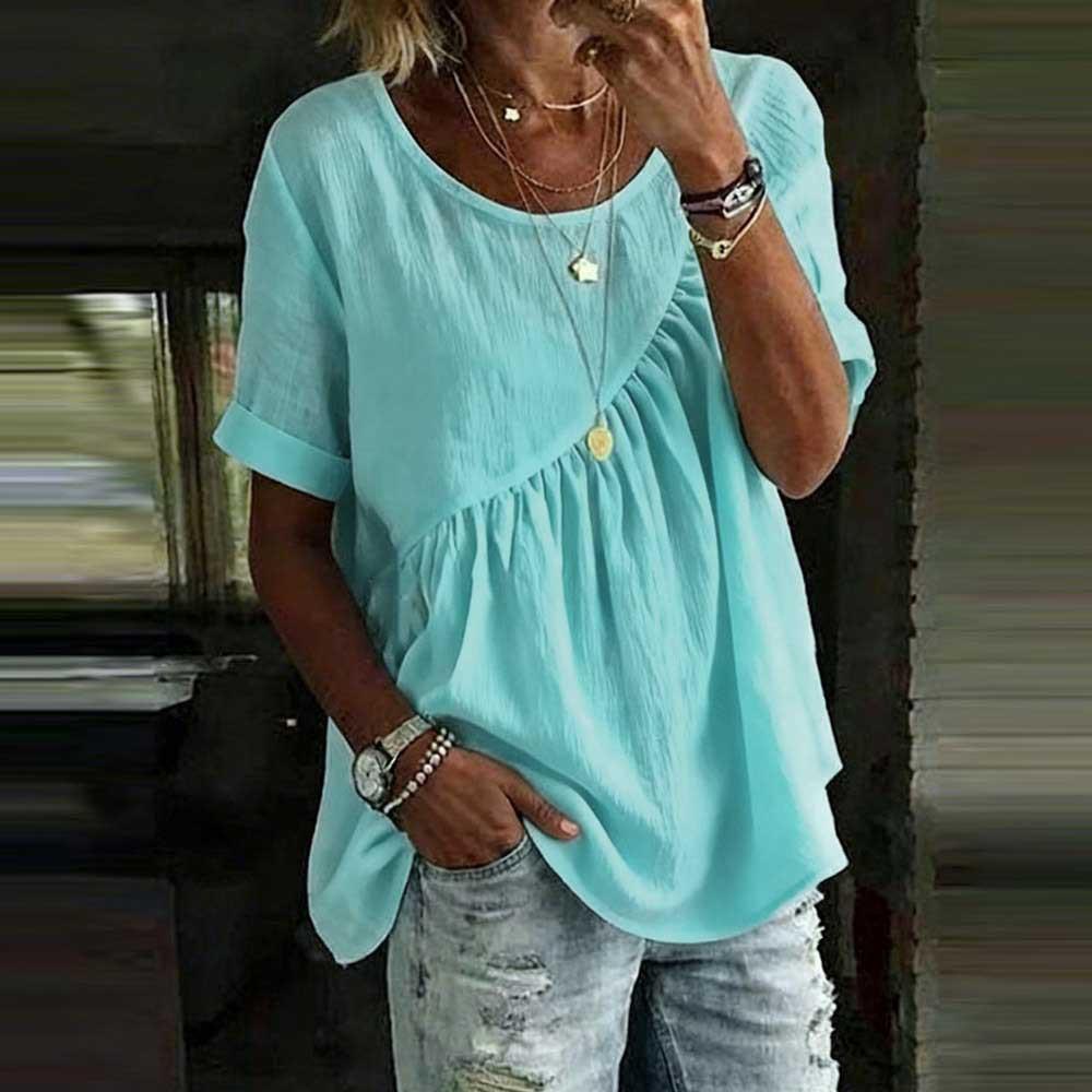 2026 New Summer Solid Color Round Neck Short Sleeve Ruched Women's Casual Top T-Shirt