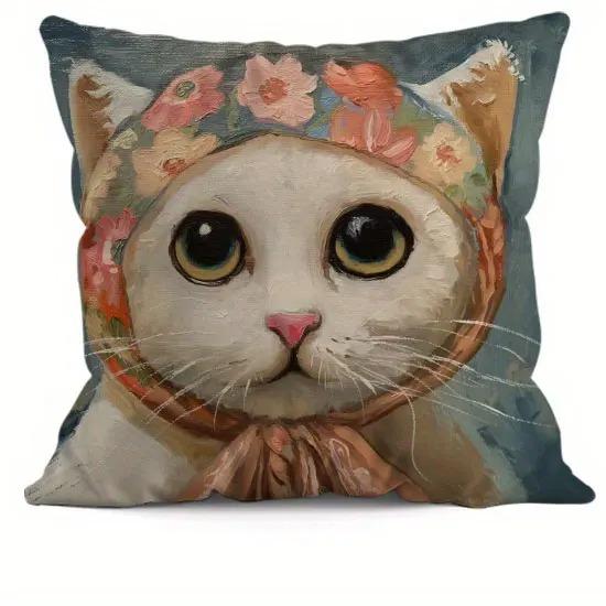 Home Decor Cute Cat With Floral Headwear Pillow Covers Pattern Cushion Cover Suitable For Sofa Bedroom Car Pillow Cover