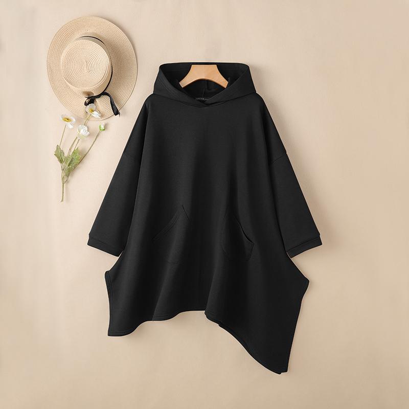 

ZANZEA Женские толстовки Повседневные с рукавом 3/4 Свободные с асимметричным подолом Толстовки с капюшоном S чёрный