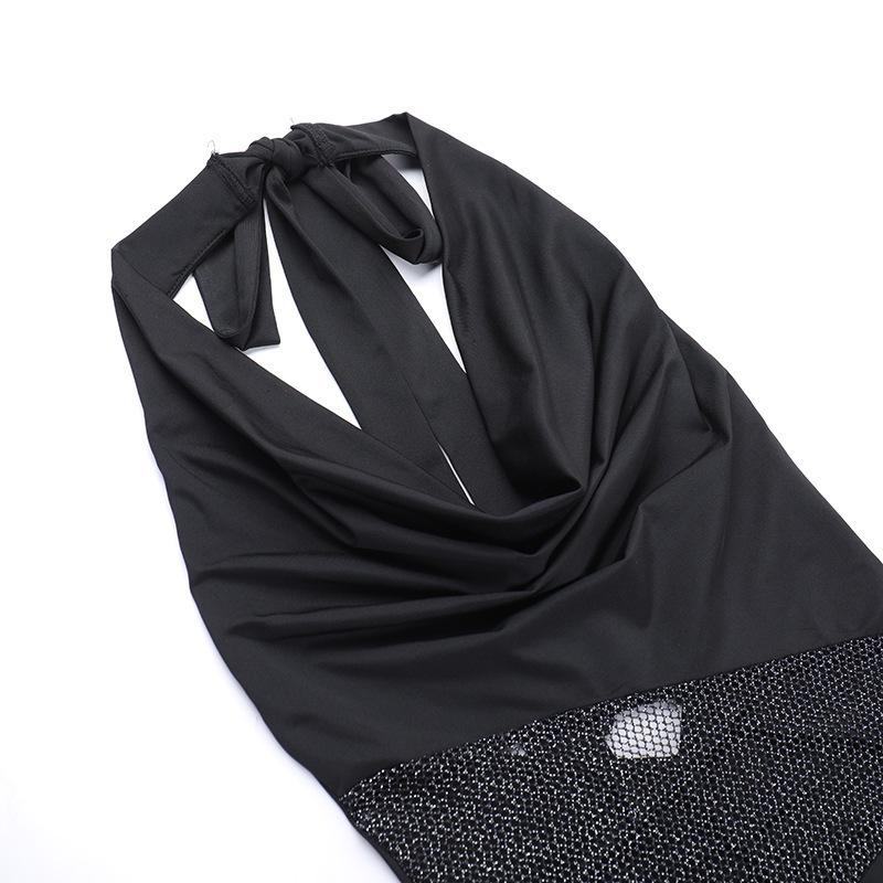 Robe sexy slim à col licou printemps 2025: Design d'épissure en maille pailletée européenne et américaine