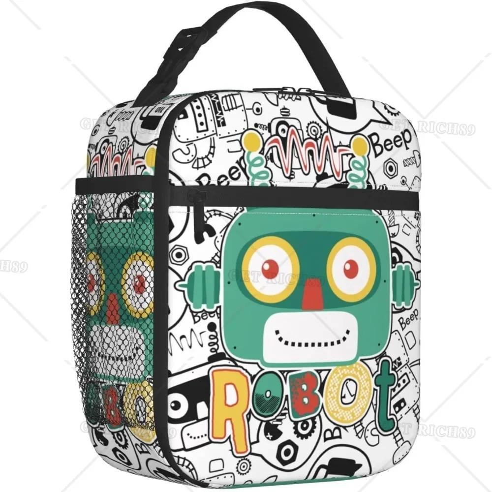 Robots Lunch Bag for Women Men Reusable Insulated Leak Proof Lunch Box with Pocket for Work, Office, Picnic, Camping, Traveling