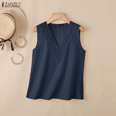Women Casual Splice V-Neck Loose Sleeveless Tank Tops