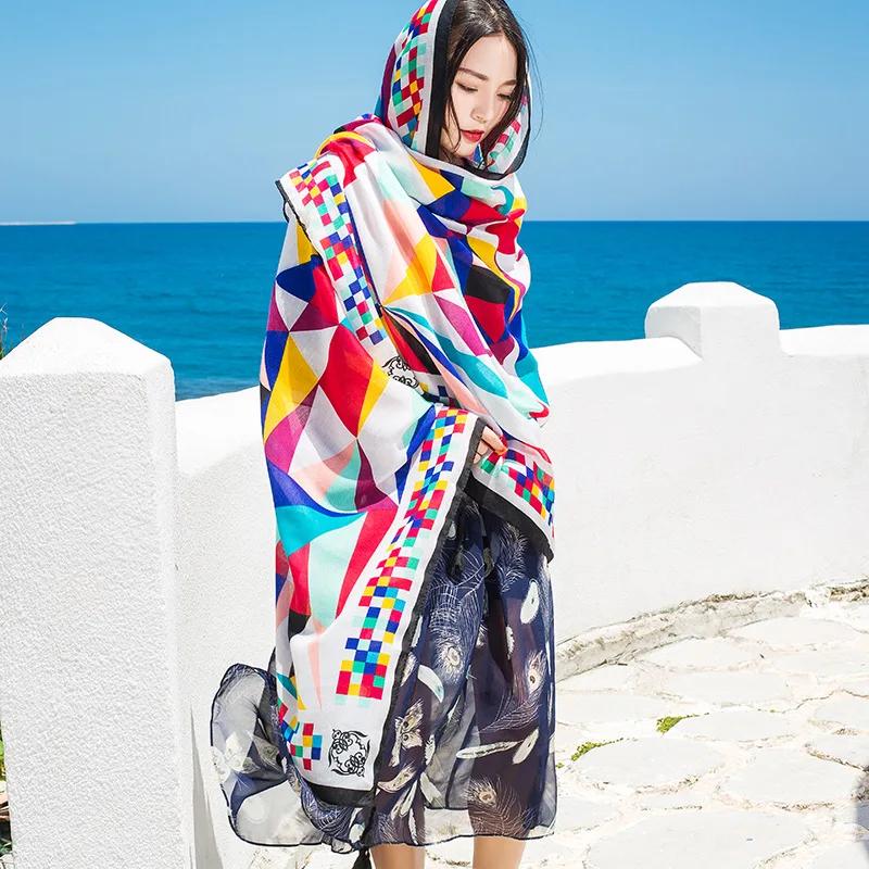 Design Brand Women Scarf Sunscreen Cotton Shawls Dual-Use Summer Autumn Long Scarves Seaside Holiday Beach Towel Beachwear Veils