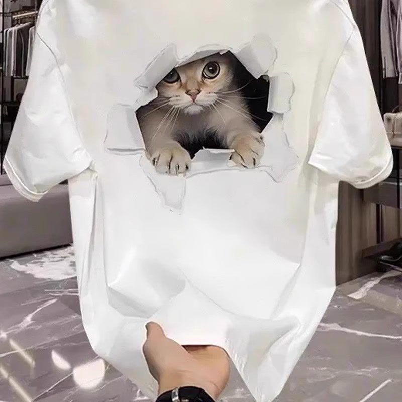 Unisex American Style Loose Fit Cat Print Summer T-Shirts