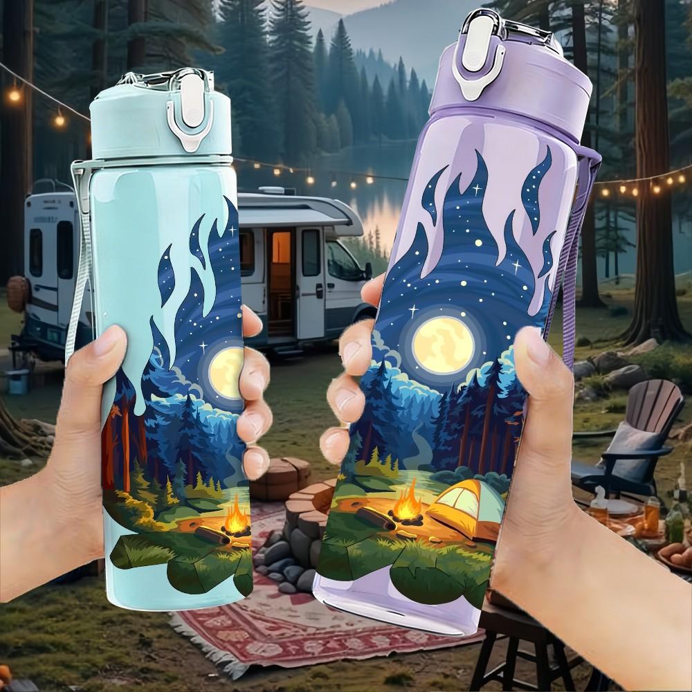 1PC Mountain Campfire Night Landscape Print 750ml Color Plastic Sports Water Bottle Leakproof Flip Straw Lid Suitable for Sports Office Home Use