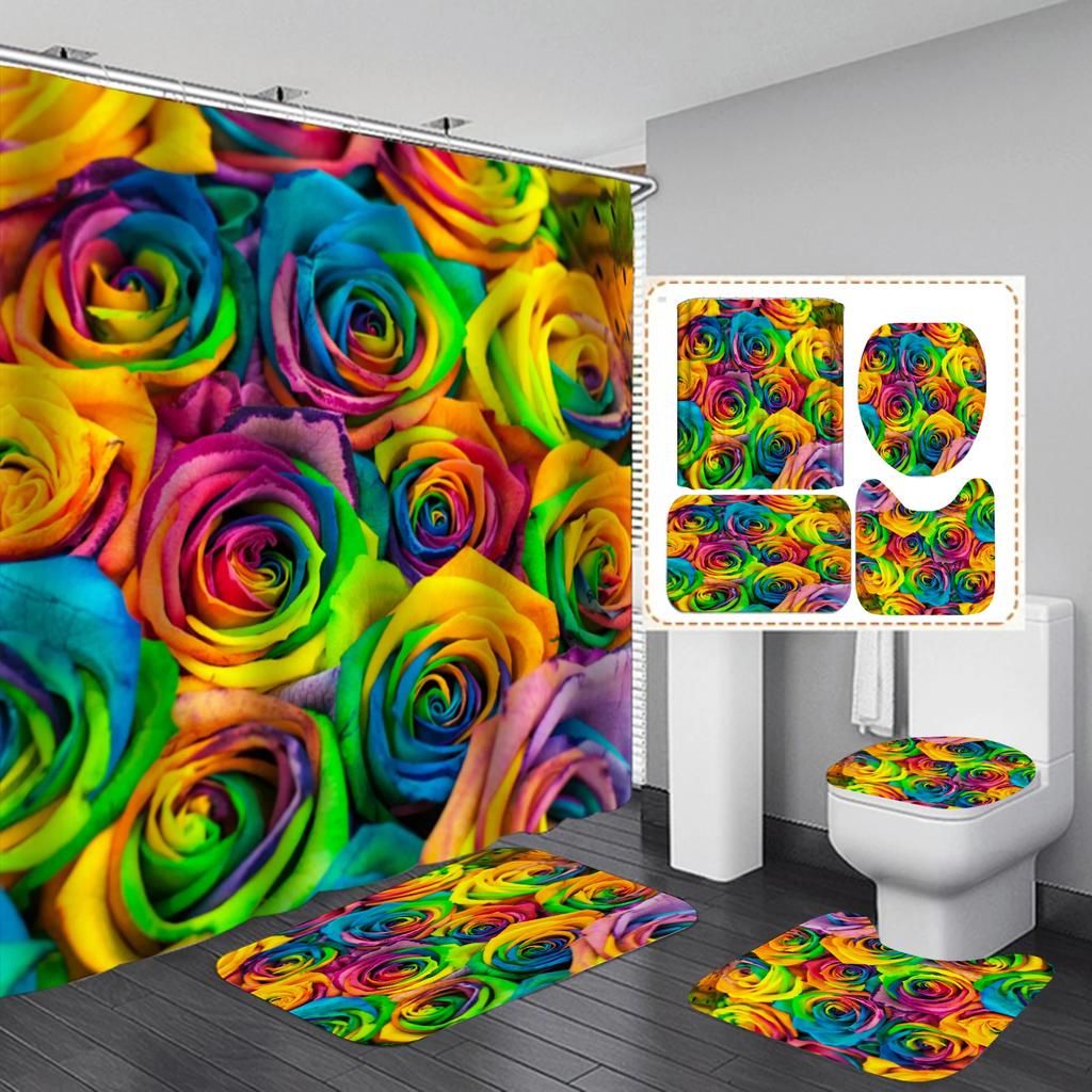 Rose Flower Waterproof Polyester Shower Curtain Set Nature Flowers Bathroom Curtains Set Non-Slip Bath Rug Toilet Cover Mat
