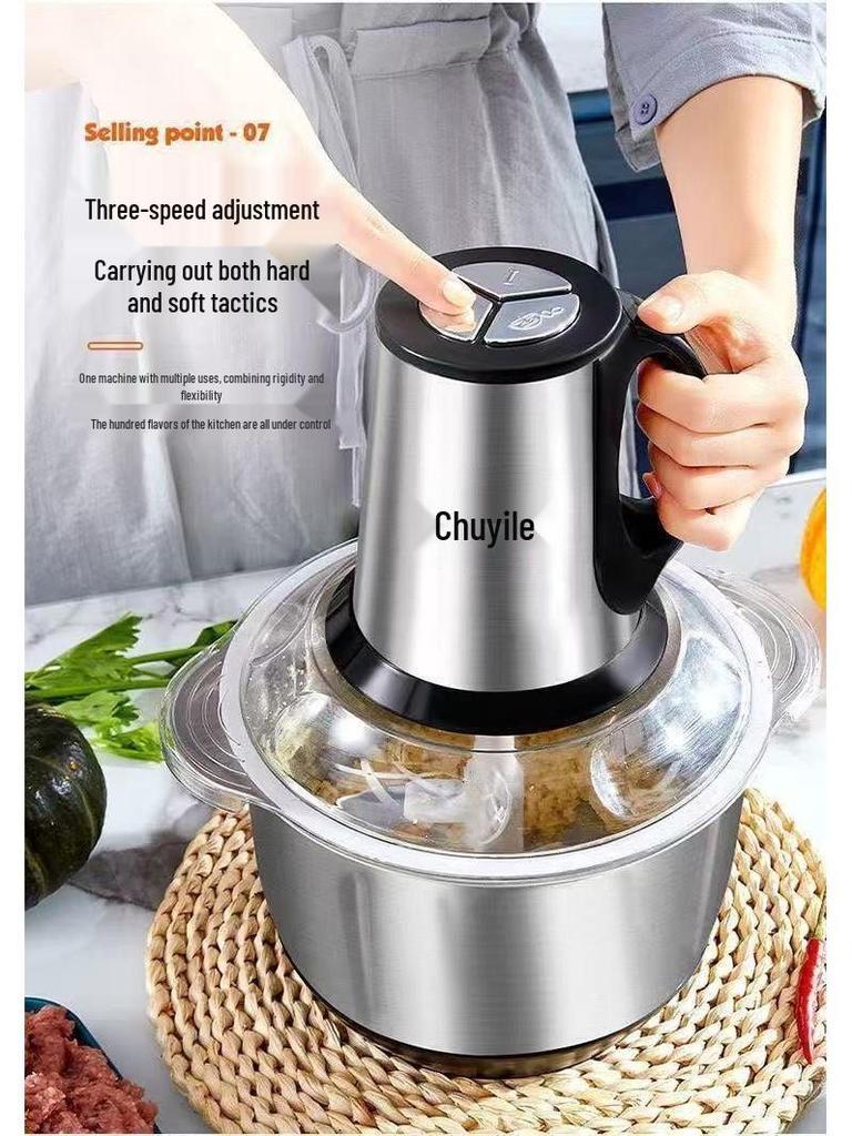 Electric Meat Grinder & Food Processor: Stainless Steel, Multi-functional for Garlic, Chili, and Vegetables.