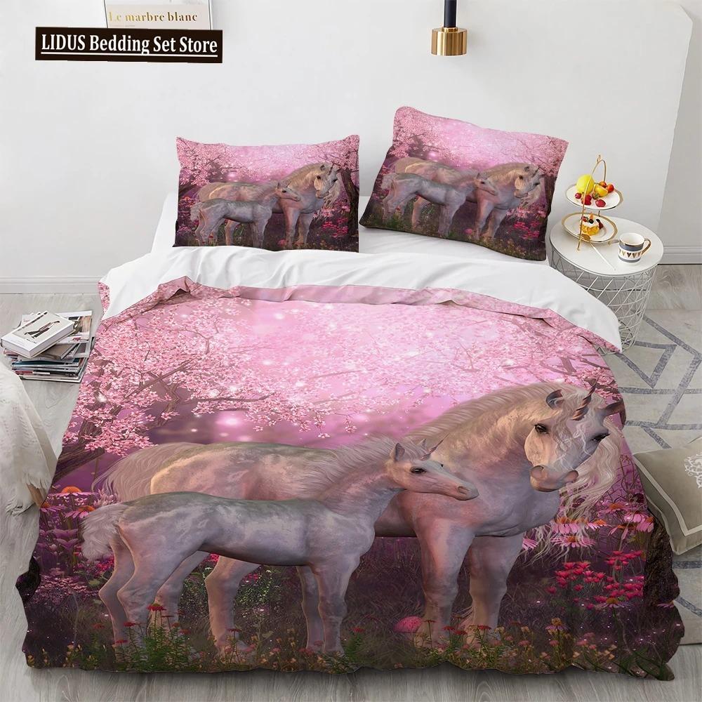 Unicorn Beding Set 3D Print White Horse Soft Duvet Cover Set Pink Background King Quen Ful Twin Sized Dimensions For Children Kids Ten Warm Comforter