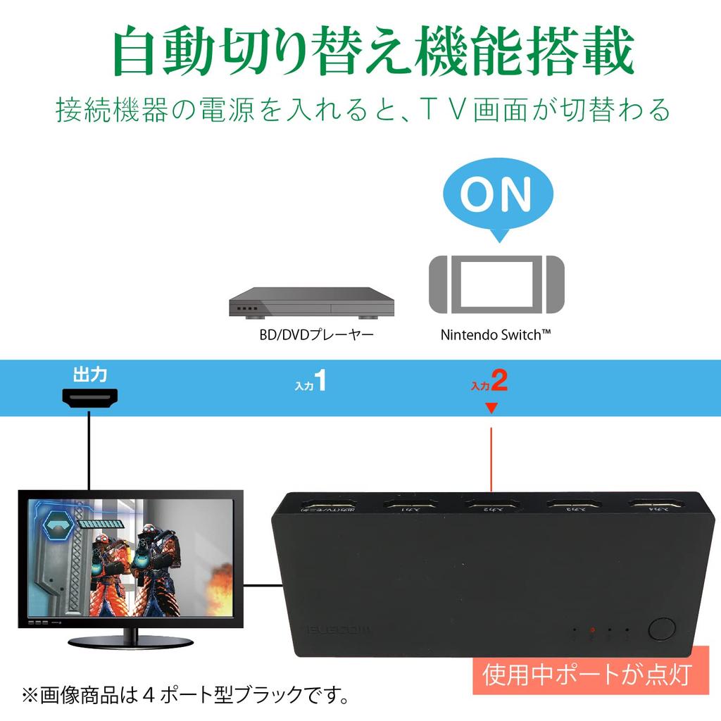 ELECOM HDMI Switcher with 2 Inputs 1 Output Switching Cableless Model Black [Compatible PS4/PS3/Switch] Automatic/Manual DH-SWL2CBK