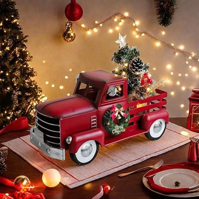 Red Truck Decor with Christmas Trees Metal Vintage Car Figurine Farm Tree for