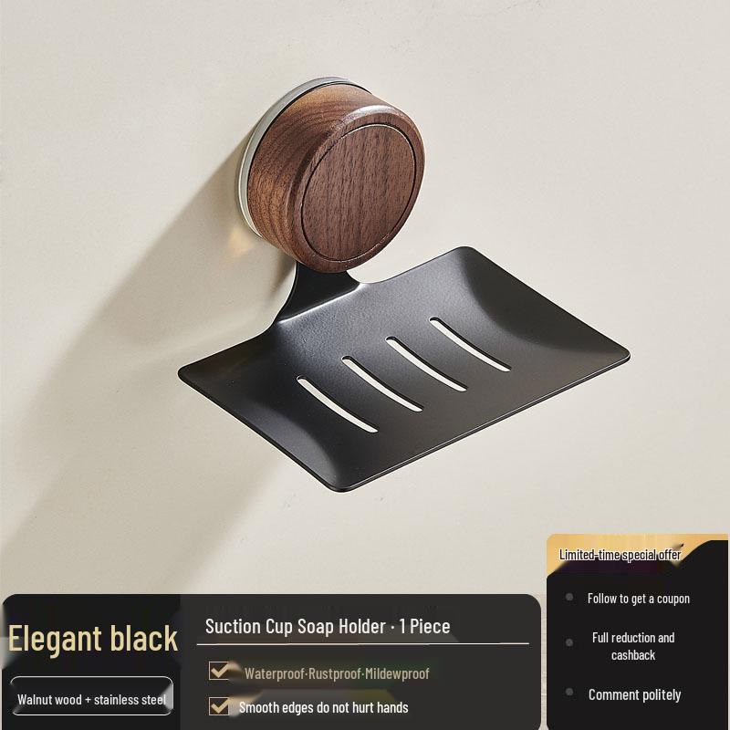 Meilade Wall-Mounted No-Drill Soap Dish Holder with Draining Black Walnut Storage Rack
