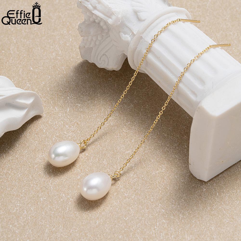 Effie Queen Elegance 925 Silver Freshwater Pearl Tassel Chain Earrings Minimalist Vintage Pearl Drop Earring Fine Jewelry GPE75