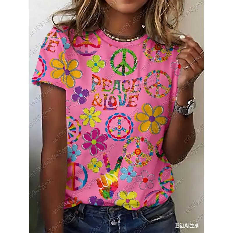 2026 Summer Womens Short Sleeve Graphic peace love Print Floral T-Shirt Girl Round Neck Tee Outdoor Sports Adult Women's T-Shirt