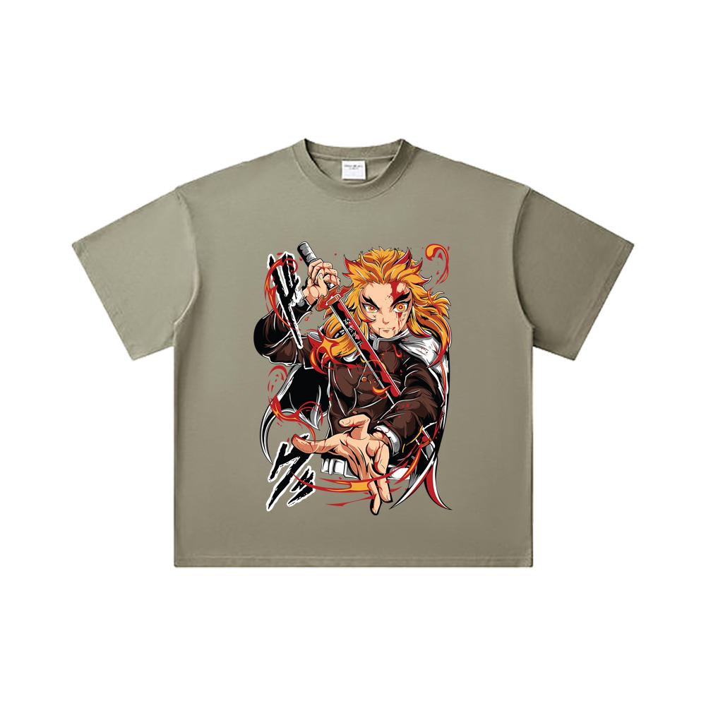 260 GSM Double Yarn 32 Count 100% Cotton Demon Slayer V85 Rengoku Print Unisex Heavy Cotton T Shirt