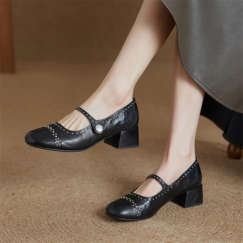 Fashion New Summer Genuine Leather Women Pumps Shoes for Women Fashion Rivet Round Toe Mary Jane Shoes Women Mid Heel Ladies Shoes