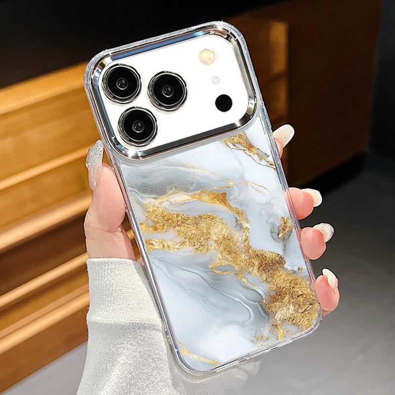 Golden Marble Pattern Phone Case For iPhone 17 Pro Max Plating Lens Frame Clear Soft Cover For iPhone 16 15 14 13 Pro Max 11 16E 17E