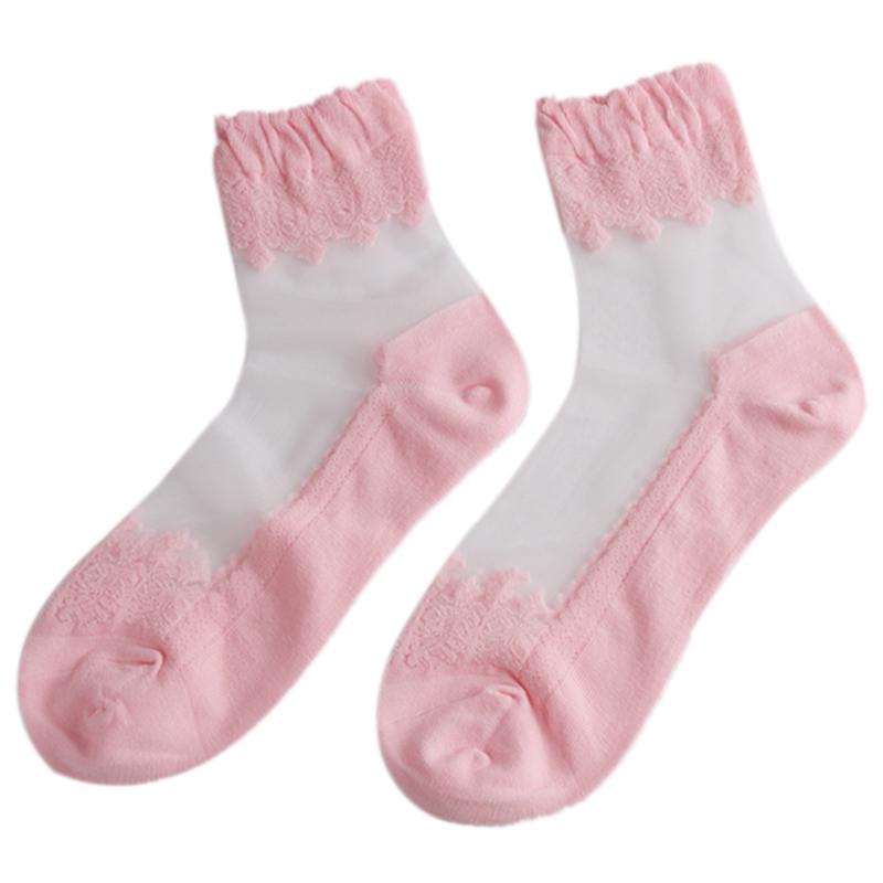 1 пара весенне-летних женских ультратонких кружевных вышитых шелковых прозрачных стеклянных кристальных эластичных женских мягких эластичных дышащих носков 1 Pair розовый