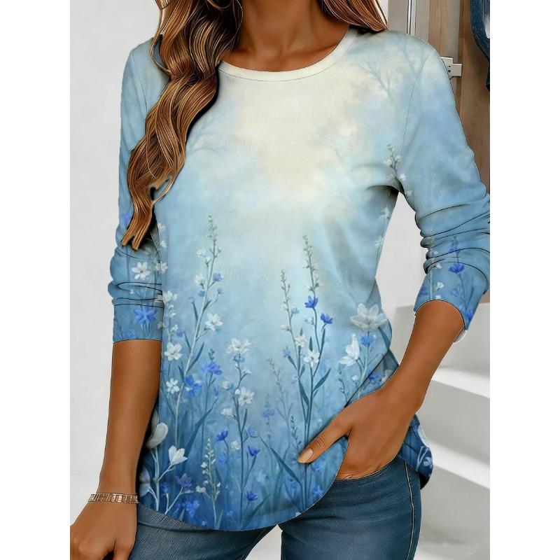 Women's Colorful Floral and Butterfly Print Long-sleeved Loose-fitting Round Neck Top, Casual Everyday Style