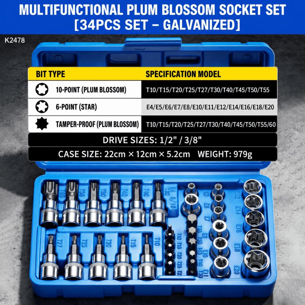 34PCS/BOX Versatile Galvanized Flower Bit Kit Hard Alloy Repair Hand Gear Socket Set Pipe Install