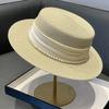 2025 Summer Elegant Pearl Chain Flat Sun Hats for Women Chapeau Feminino Straw Hat Panama Wide Brim Anti-UV Beach Cap Girl Topee