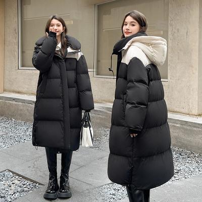 Women's Autumn and Winter Coat Color Block Hooded Long Thickened Loose Windproof Jacket Women's Jacket