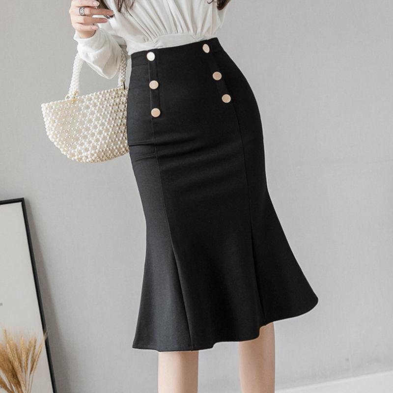 Korean Fashion Button Zipper Bag Hip Mermaid Skirt  Summer New Elegant Office Lady Commute All-match High Waist Knee Skirts