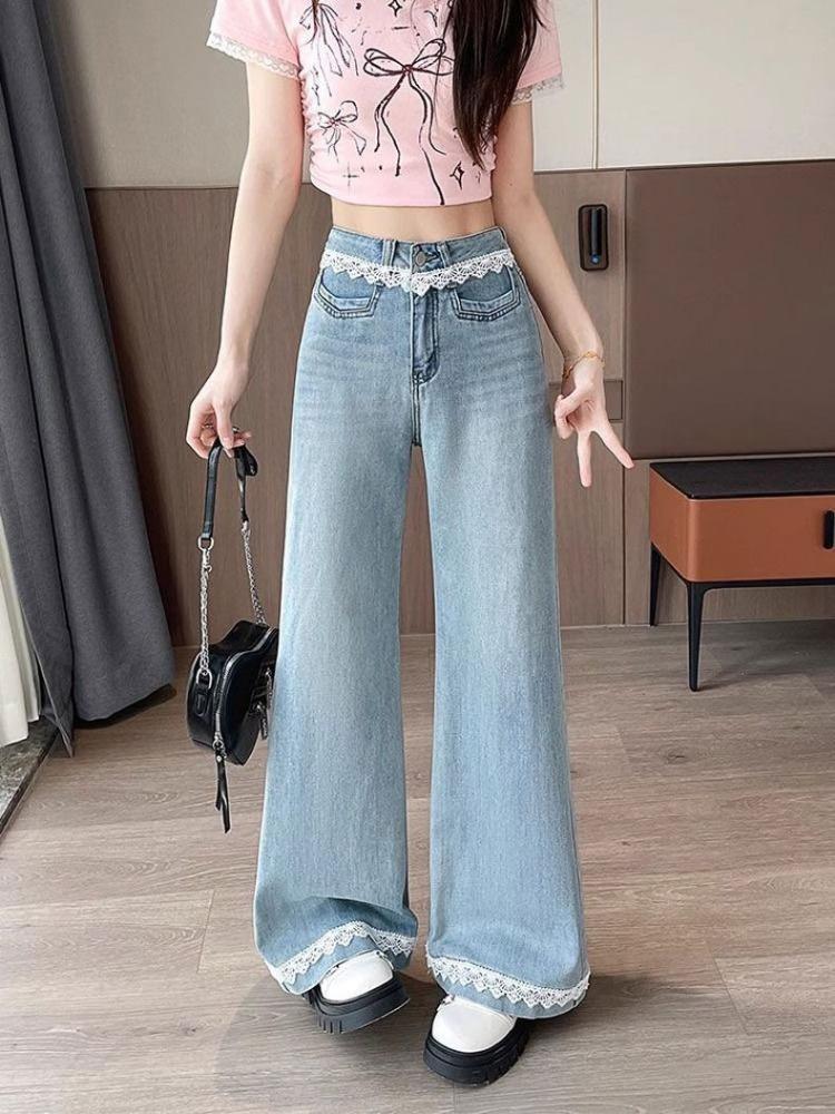

Удобные Джинсы с кружевом светлого цвета для женщин с высокой посадкой, свободные, с широкими штанинами, микро-большие брюки, брюки для невысоких, джинсы для женщин, длинные джинсовые брюки XS