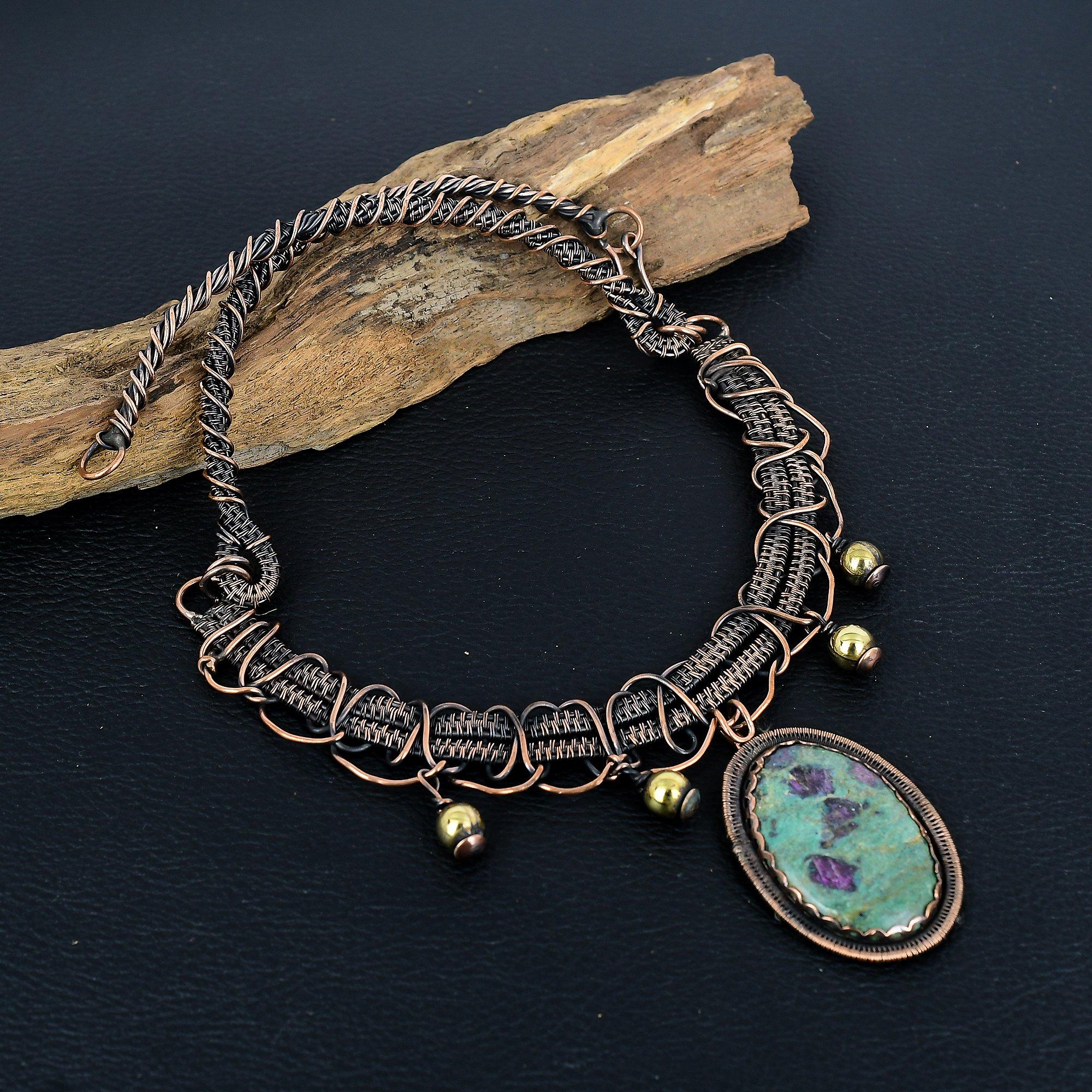 

Ruby In Fuchsite 999 Copper Wire Wrapped Necklace, Handmade Gemstone Jewelry Necklace For Memorial Day