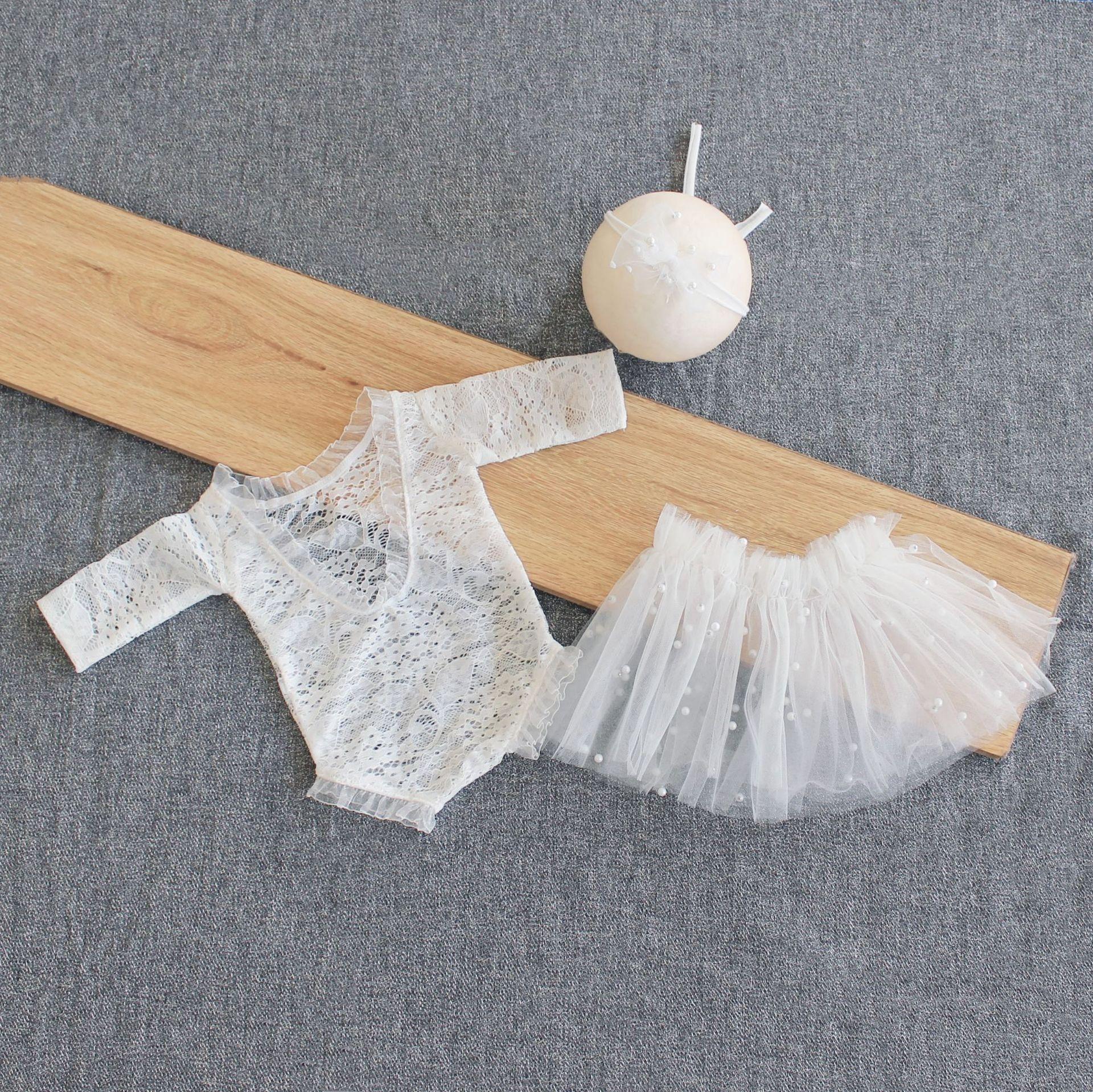 

Newborn Photography Clothing Baby Photo Lace Jumpsuit Pearl Skirt Set Short Sleeve Infant Studio Shoot Posing Photography Wear белый